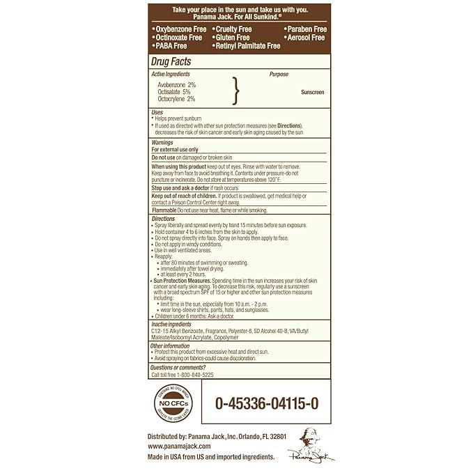 Panama Jack Continuous Spray Sunscreen - SPF 15, Broad Spectrum UVA/UVB Protection, PABA, Paraben, Gluten & Cruelty Free, Water Resistant (80 Minutes), 5.5 OZ (Pack of 2)