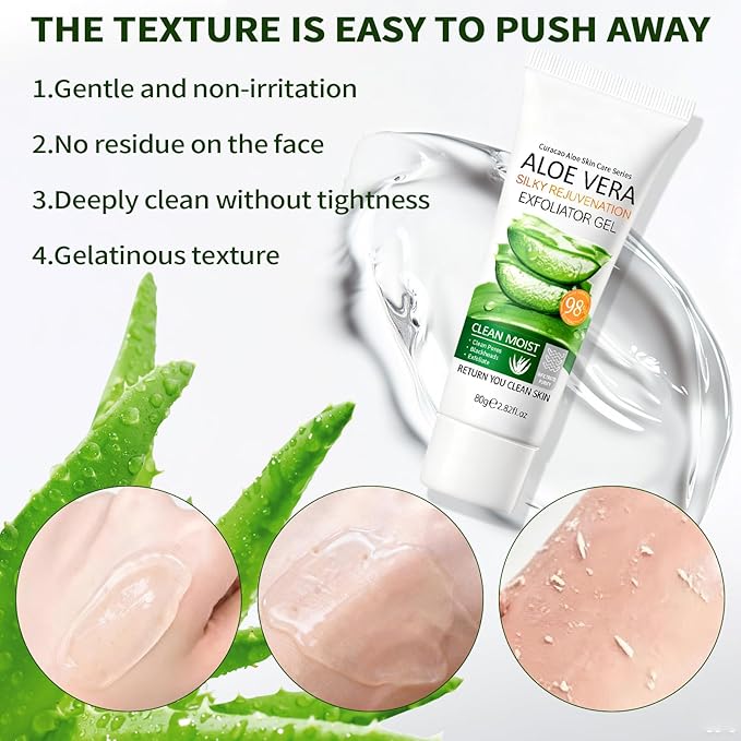 Face Scrub Aloe Vera Exfoliating Gel, Face Exfoliator Peeling Gel Brightening Facial Scrub, Exfoliating Facial Wash Cleanser, Deep Clean Pores, Exfoliate Dirt and Dead Skin for Sensitive Skin, 80g