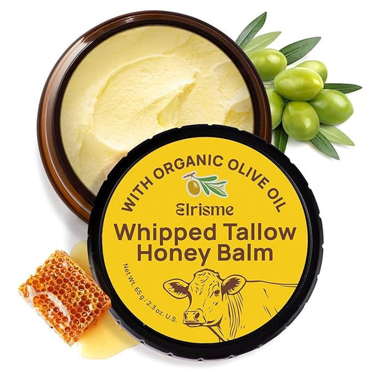 Grass-Fed Beef Tallow for Skin: Organic Whipped Tallow and Honey Balm - Face Moisturizer & Body Cream - Deep Hydrating & Nourishing - Raw Wild Honey, Beeswax, & Vitamin E, 2.3 Oz