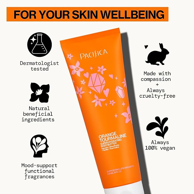 Pacifica Orange Tourmaline Body Butter – Super Hydrating Moisturizer for Dry Skin, Ultra-Rich Cream with Shea Butter & Vitamin E, Clean Beauty, Vegan, Cruelty-Free, Citrus Scent, 6 oz