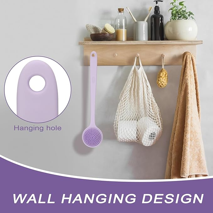 Silicone Back Scrubber for Shower, 14.7in Then Handle Body Brush, Double Sided Shower Brush for Shower Exfoliating and Massage Can Produce Rich Foam, Long Handle Back Scrubber for Men and Women