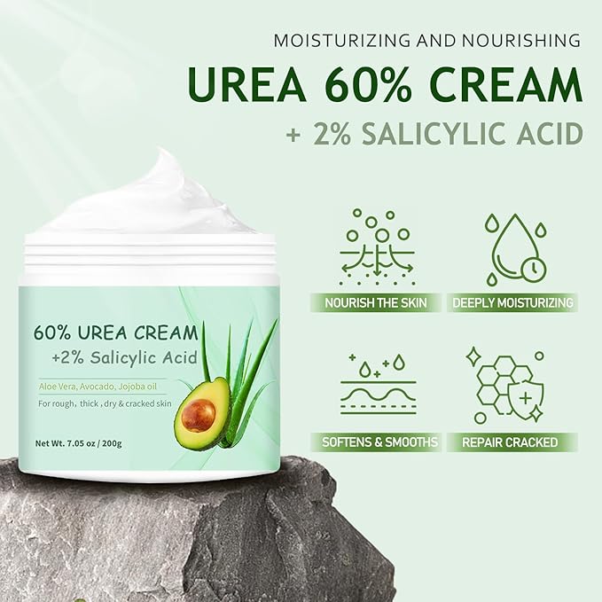 Urea Cream 60% plus 2% Salicylic Acid for Feet – Maximum Strength Foot Cream For Dry, Cracked Heels and Calluses. Deeply Exfoliates Dead skin & Moisturizes, Repairs Rough Feet – 6.35 oz