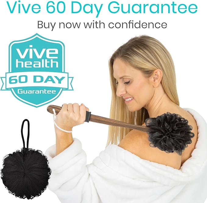 Vive 17” Shower Loofah with Long Handle - Exfoliating Back & Body Scrubber for Men & Women - Luffa Sponge on a Stick for Bathing, Cleaning - Includes Extra Handheld Lufa, Hook & String to Hang on Wall