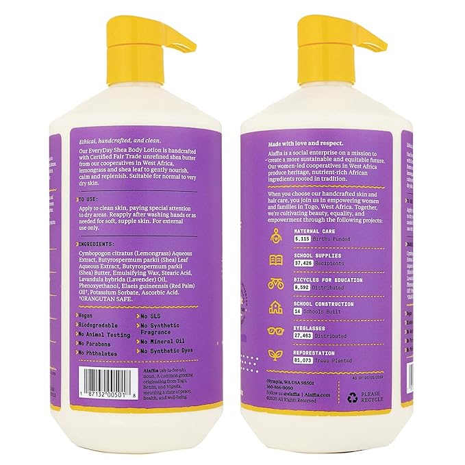 Alaffia Everyday Shea Body Lotion - Normal to Very Dry Skin, Moisturizing Support for Hydrated, Soft, and Supple Skin with Shea Butter and Lemongrass, Fair Trade, Lavender, 2 Pack - 32 Fl Oz Ea