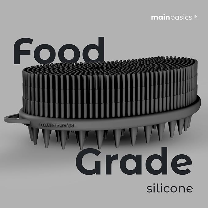 MainBasics Silicone Body Scrubber – Dual-Sided Shower & Scalp Scrubber, Gentle Silicone Loofah Alternative for Deep Clean (Black, Scalp)