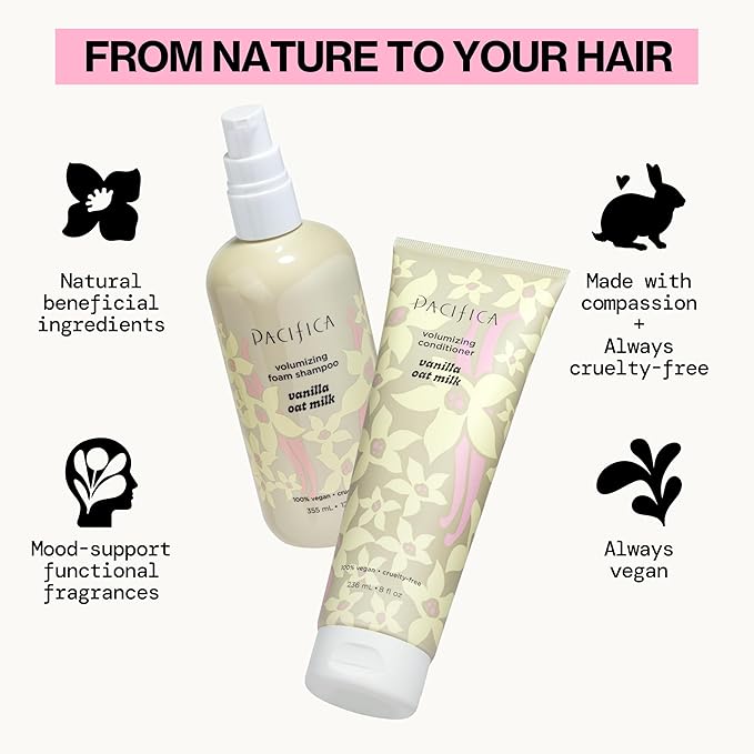 Pacifica Vanilla Oat Milk Volumizing Shampoo & Conditioner Set – Fuller, Bouncier Hair, Fine Or Flat Hair Solution, Sulfate-Free, 100% Vegan Hair Care
