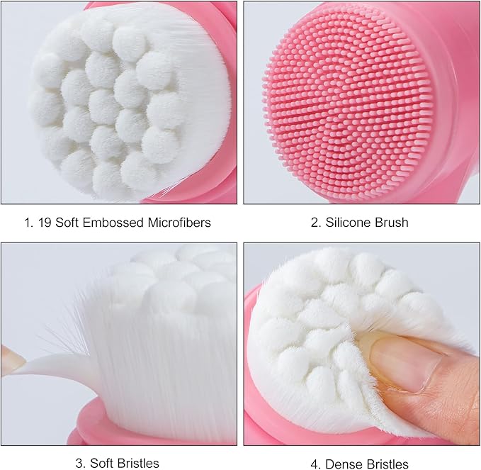 Face Brush 2 in 1, Silicone Facial Cleansing Exfoliating Brush Soft Bristles Pore Deep Cleansing Manual Dual Face Wash Scrub Brush For Massaging, Makeup Skincare Removal, Gradient Pink