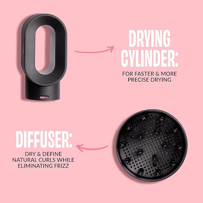 Foxybae Super Styler – 4-in-1 Blow-Dryer Brush Set - Diffuser, Blowout-Brush, 1.25” Curling Barrel & Drying Cylinder - Voluminous, Frizz-Free Hair - Dryer, Straightener & Curler (Black Rose-Gold)