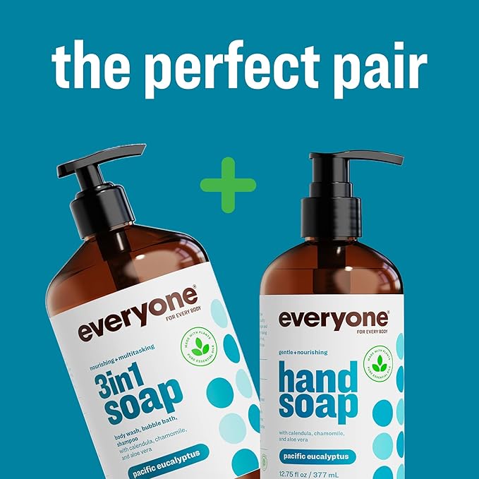 Everyone 3-in-1 Soap, Body Wash, Bubble Bath, Shampoo, 32 Ounce (Pack of 2), Pacific Eucalyptus, made with Essential Oils for Men and Women