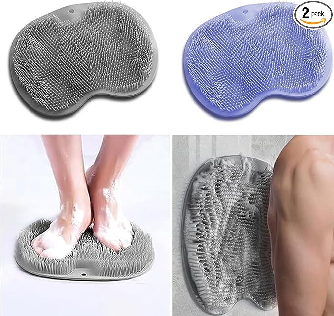 2 Pack Shower Back & Foot Scrubber, Wall Mounted Back Scrubber Silicone Bath Massage Cushion Brush with Suction Cups, Bathroom Wash Mat Exfoliating Dead Skin Brush (L-Blue Grey)