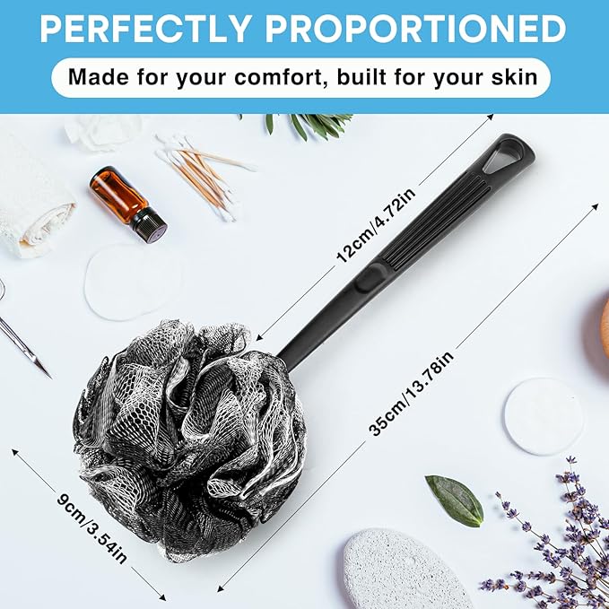 Loofah with Handle & Shower Brush Charcoal 2 Pack- Back Scrubber for Shower for Men & Women, Body Brush Ideal for Exfoliation, Back Loofah for Shower with Bath Brush, Long Handle for Shower Back Brush