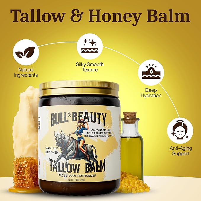Bull & Beauty Organic Beef Tallow and Honey Balm 7.05oz Organic Beef Tallow for Skin - 100% Grass-Fed Unscented Beef Tallow Moisturizer for Skin & Face with Manuka Honey, Olive Oil & Beeswax