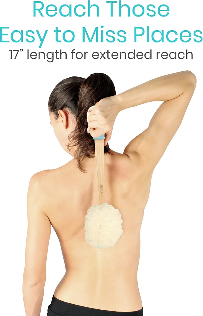 Vive 17” Shower Loofah with Long Handle - Exfoliating Back & Body Scrubber for Men & Women - Luffa Sponge on a Stick for Bathing, Cleaning - Includes Extra Handheld Lufa, Hook & String to Hang on Wall