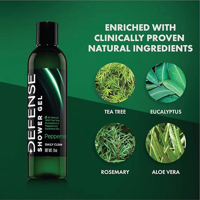 Defense Soap Peppermint Tea Tree Body Wash | All Natural Organic Shower Soap for Athletes | Odor Control & Skin Fungal Protection for Sports, Post Workout & Recovery - 8 oz