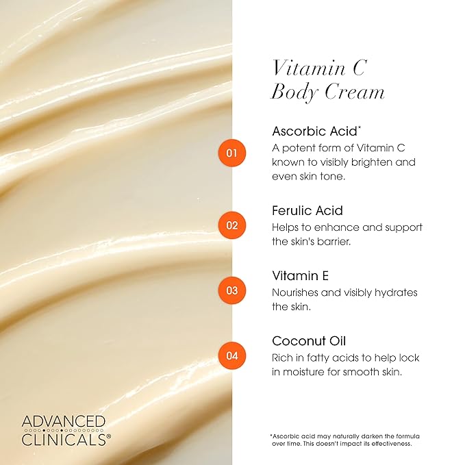 Advanced Clinicals Vitamin C Cream Visibly Brightening Body Lotion | Vitamin C Moisturizer Skin Care Body Cream For Women & Men Visibly Improves Look Of Dark Spots & Uneven Skin Tone, W/Travel Size