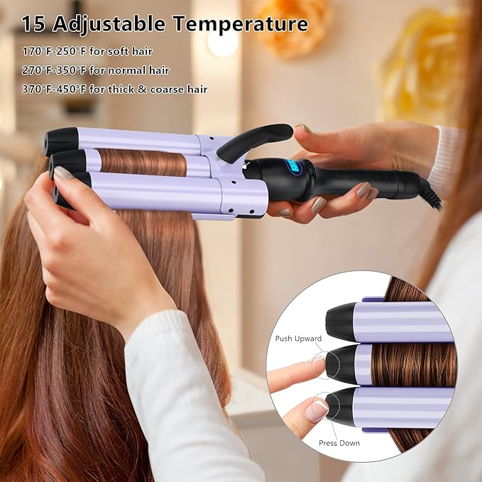 32mm Aima Beauty Big Wave Curling Iron Mermaid Hair Waver 3 Barrel Hair Crimper LCD Display Extra Long Barrel Multiple Temperature Negative Ionic Fast Heat Up (Purple)