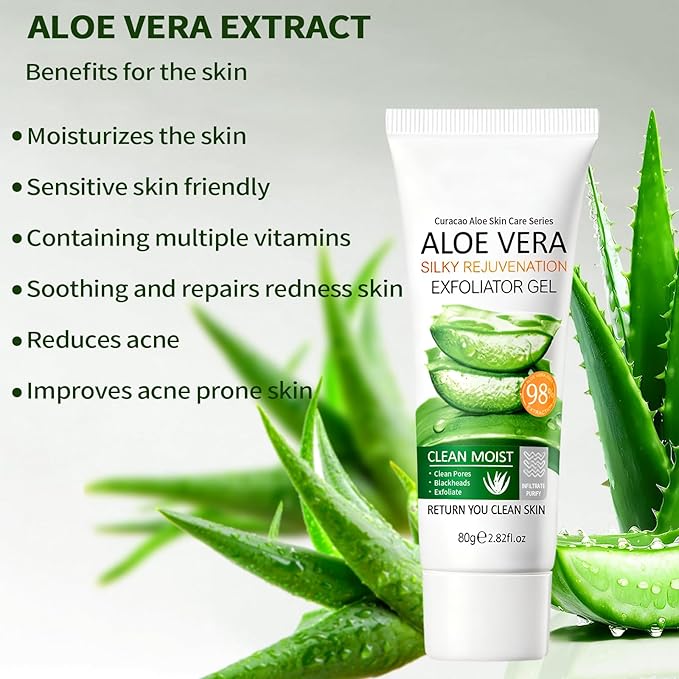 Face Scrub Aloe Vera Exfoliating Gel, Face Exfoliator Peeling Gel Brightening Facial Scrub, Exfoliating Facial Wash Cleanser, Deep Clean Pores, Exfoliate Dirt and Dead Skin for Sensitive Skin, 80g