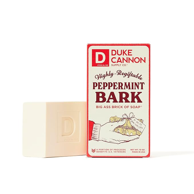 Duke Cannon Supply Co. Peppermint Bark Big Brick of Soap - 10oz Holiday Bar with Tactical Scrubber | U.S. Military-Grade Pouch | Coarse and Soft Mesh