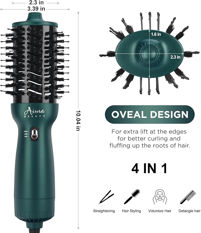 Aima Beauty Hair Dryer Brush Dual Voltage Worldwide Travel Blow Dryer Brush Hot Air Brush Oval Barrel 110-120V/220-240V 360°Airflow,Negative Ionic Frizz-Free Dry/Straightening/Voluming, Dark Green