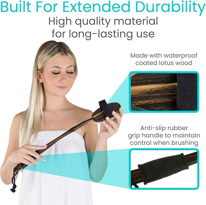 Vive Dry Brush Set for Lymphatic Drainage (3 Pieces) - Brushing Scrubber for Exfoliating, Body Cellulite and Skin Massage - 100% Natural Boar Hair Bristles, 14” Long Dark Wooden Handle w/Storage Bag