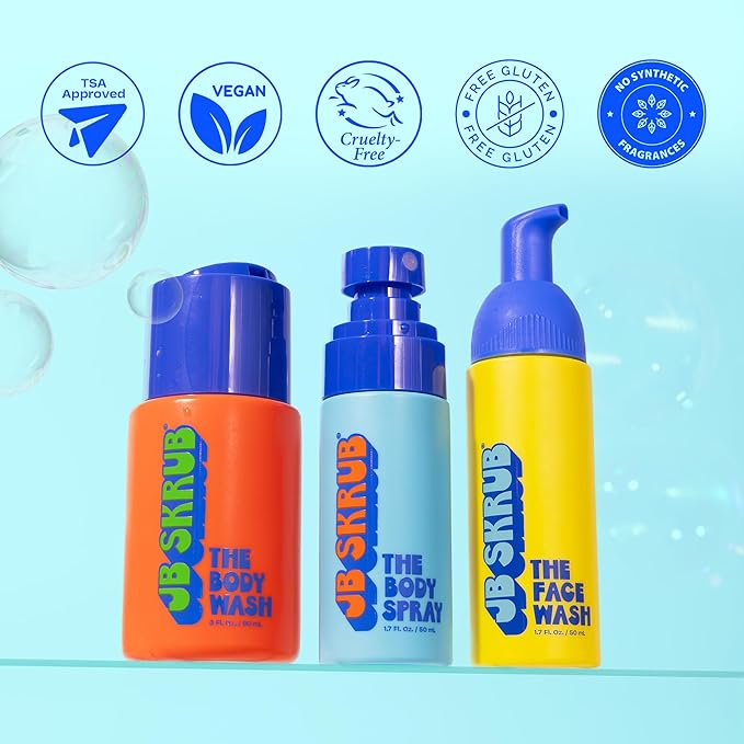 JB SKRUB The Junior Travel Trio - Complete Skin Care Set for Kids, Tweens & Teens: Hydrating Body Wash, Refreshing Body Spray, & Gentle Face Wash
