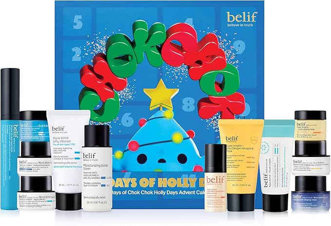 belif Chok Chok Holly Day Skincare Gift Set Advent Calendar 2025 – 12 Days of Glass Skin K-Beauty Skincare, Aqua Bomb Daily Moisturizer, Cooling Eye Gel, Vitamin C Cream, Anti aging, Korean Skincare, Christmas Stocking Stuffers