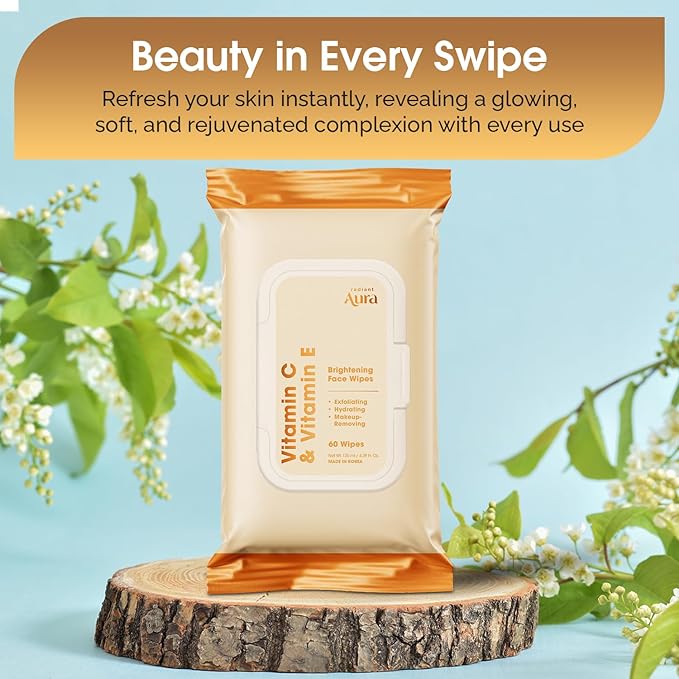 Vitamin C & Vitamin E Face Wipes – Dermatologist Tested, Anti-Aging, Korean Skin Care – Removes Makeup, Hydrates, Softens The Look Of Fine Lines – Vegan, Clean Beauty – 60 Count