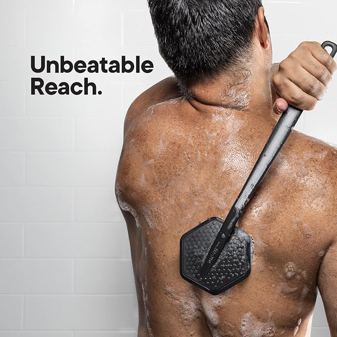 TOOLETRIES Silicone Back Scrubber with Hook - Exfoliating Shower Brush, Back Washer for Men, Durable Back Brush with Long Handle - Long Lasting Bath & Shower Accessories - Charcoal