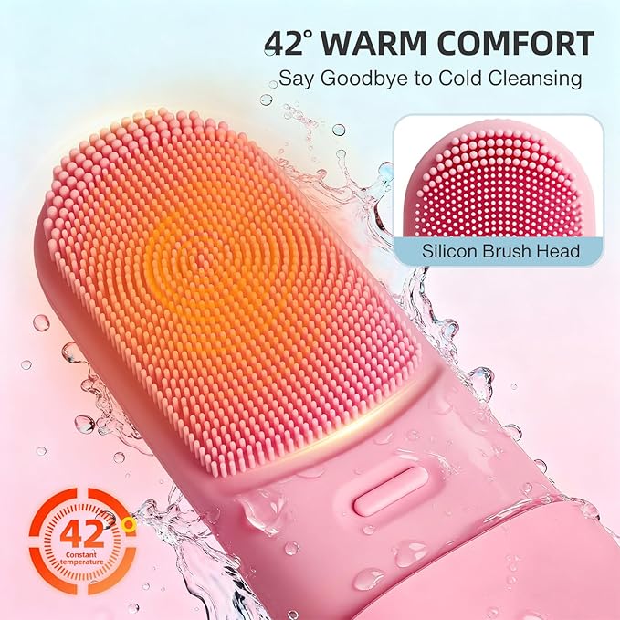 FACE Scrubber Electric Face Brush with Heated, Makeup Remover Cleansing Exfoliating and Massaging,3 Modes Waterproof Rechargeable Portable Facial Brush Facial Scrubber for Woman & Men(Mist Rose Pink)