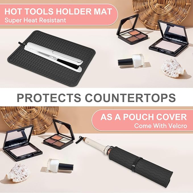 Oversize Silicone Heat Resistant Mat, Portable Travel Mat Cover with Velcro for Curling Irons, Flat Irons, Hair Straightener and Hot Hair Styling Tools(14.2" x 11")