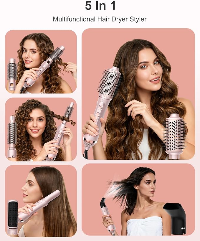 Nimmu Blow Dryer Brush Set, 5-in-1 Hot Air Brush Set, All-in-One Hair Styler for Salon Blowouts, Smoothing, Curling & Volumizing and Straightening, Less Frizz & Heat Damage, Pink