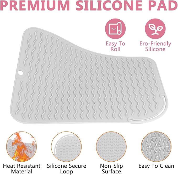 Larger Size Silicone Heat Resistant Mat for Curling Irons, Flat Irons, Hair Straightener and Other Hair Styling Tools, Portable Hot Tools Pad Cover for Travel Vanity Salon(12.0" x 9.0")
