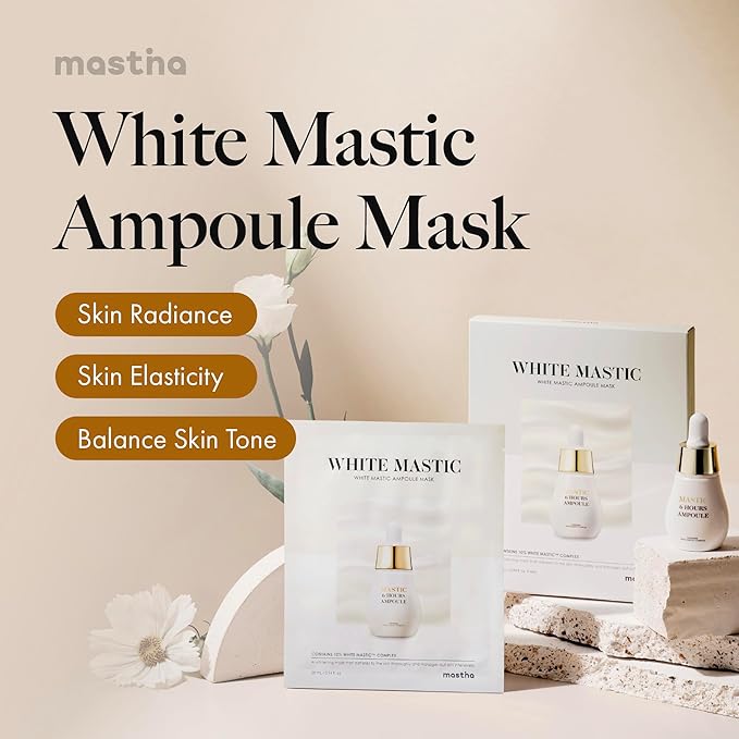 MASTINA Mastic Ampoule Face Sheet Mask (12 Pack), Korean Facial Mask Infused with a Full Bottle of Mastic Serum for Instant Hydration & Radiant Glow, For All Skin Types