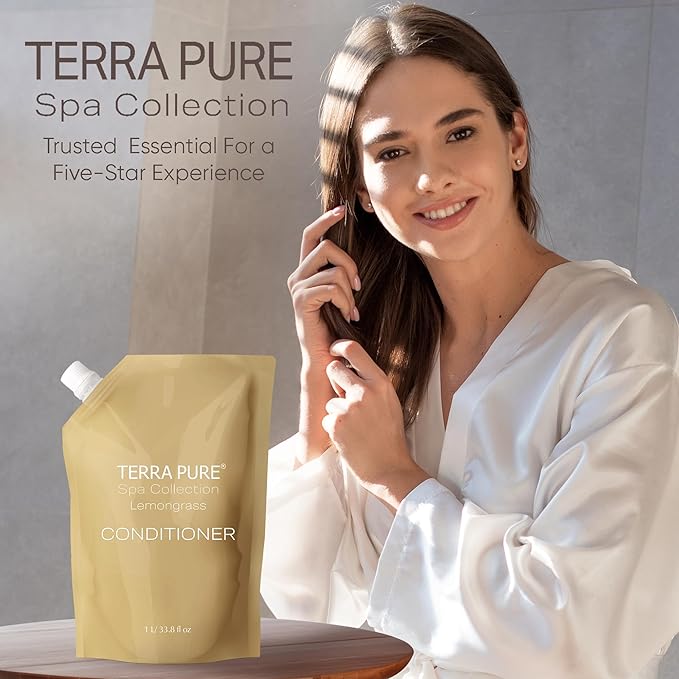 Terra Pure Spa Collection 1 Liter Conditioner Refill Bag For Soap Dispensers | Bulk Toiletries for Vacation Rentals, and Home Bathroom Showers | Green Tea Lemongrass | Set of 12