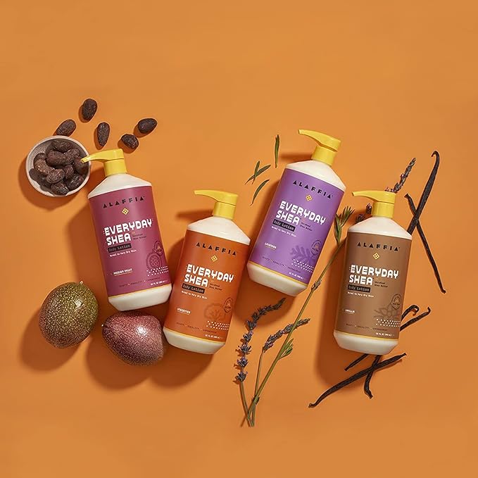 Alaffia Everyday Shea Body Lotion - Normal to Very Dry Skin, Moisturizing Support for Hydrated, Soft, and Supple Skin with Shea Butter and Lemongrass, Fair Trade, Lavender, 2 Pack - 32 Fl Oz Ea