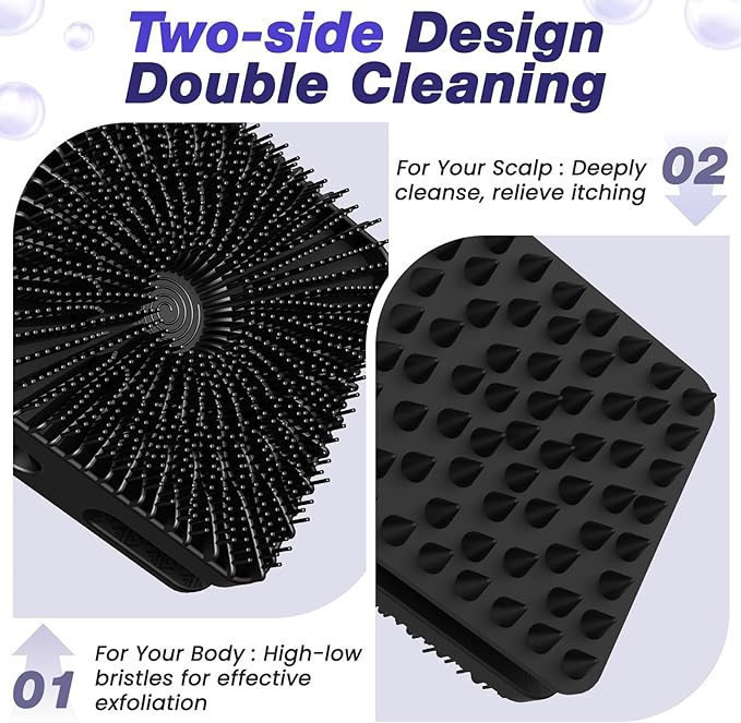 Manmihealth Dual-Sided Silicone Body Scrubber Scalp Massager & African Bath Sponge Net Set, 2-in-1 Silicone Shower Shampoo Brush Africa Wash Net Combination, Lather Well, Strong Exfoliating (Black)