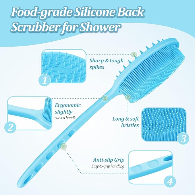 Silicone Back/Body/Face Scrubber & Soft Bath Glove Set 4PCS, Gentle Exfoliating Back & Body Scrubber with Dual-Side Brush Head, Hand-fit Bath Glove & Face Scrubber for Deep Cleaning(Blue-4PC)