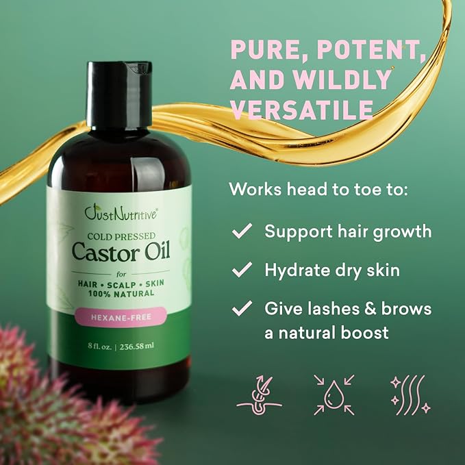 Cold-Pressed Castor Oil – 100% Pure & Hexane-Free | Hair Growth, Eyelashes & Eyebrows Serum | Deep Moisturizer for Skin & Face | Ideal for Castor Oil Packs & Scalp Treatment (8 FL. Oz.)