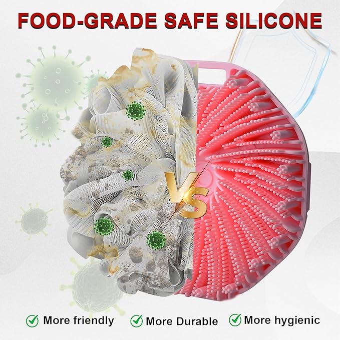 Silicone Body Scrubber Shower Brush, Exfoliating Body Wash Scrubbers for All Skin Types, Ergonomic No-Slip Handle, Exfoliation & Gentle Massage,Body Brush for Showering with Hanging Hole (Pink)