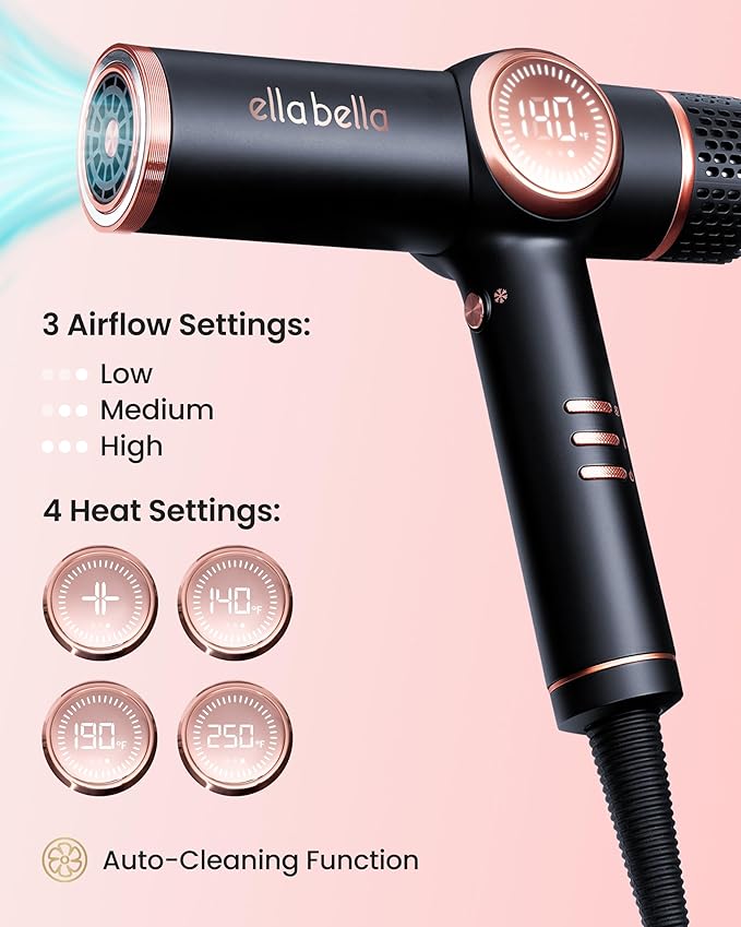 ELLA BELLA® Professional Ionic Hair Dryer with Diffuser • Negative Ion Blow Dryer • Suitable All Hair Types • Intelligent Heat Control & Rapid Drying Speeds • Lightweight Design • Low Noise Technology