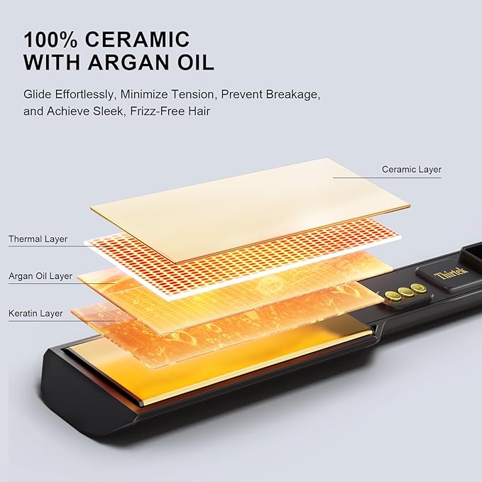 Thirtek Professional Hair Straightener,1.5 inch Ceramic & Titanium Flat Iron,15 Adjustable Temperature Levels,LCD Display, 25s Quick Heat Up,Styling Tools for Thick Hair,Dual Voltage,Black&Gold