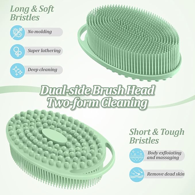 Silicone Back/Body/Face Scrubber & Soft Bath Glove Set 4PCS, Gentle Exfoliating Back & Body Scrubber with Dual-Side Brush Head, Hand-fit Bath Glove & Face Scrubber for Deep Cleaning(Green-4PC)