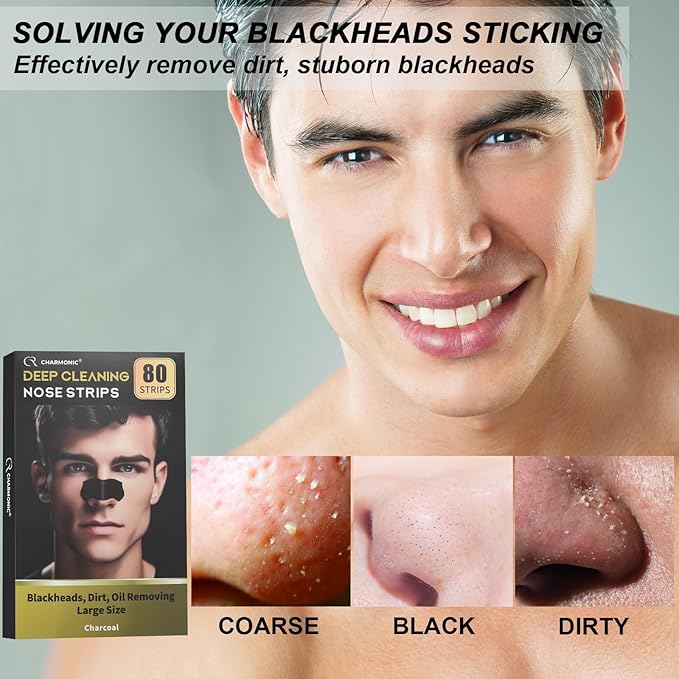 80 Pcs Blackhead Remover Pore Strips, Black Head Remover for Face, Natural Charcoal Nose Strips for Pore Cleaner, Large Size Nose Pore Strip for Men Women for Oil Blackheads & Whiteheads Remover