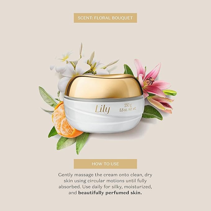 Lily Satin Hydrating Body Cream, 24 Hour Fragranced Body Butter for Dry Skin, 8.8 Ounce