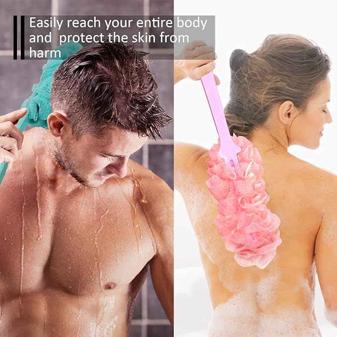 Back Scrubber for Shower, Back Brush Long Handle for Shower, Soft Nylon Mesh Sponge for Shower, Loofah On a Stick for Men Women, Exfoliating Scrub Cleaning Luffa for Elderly