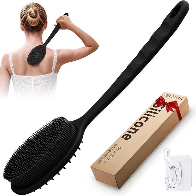 Silicone Back Scrubber for Shower, Soft Silicone Loofah with Handle, Gentle Exfoliating Back Scrubber, Back Brush Bath Brush with Dual-Side & Detachable Brush Head(Black)