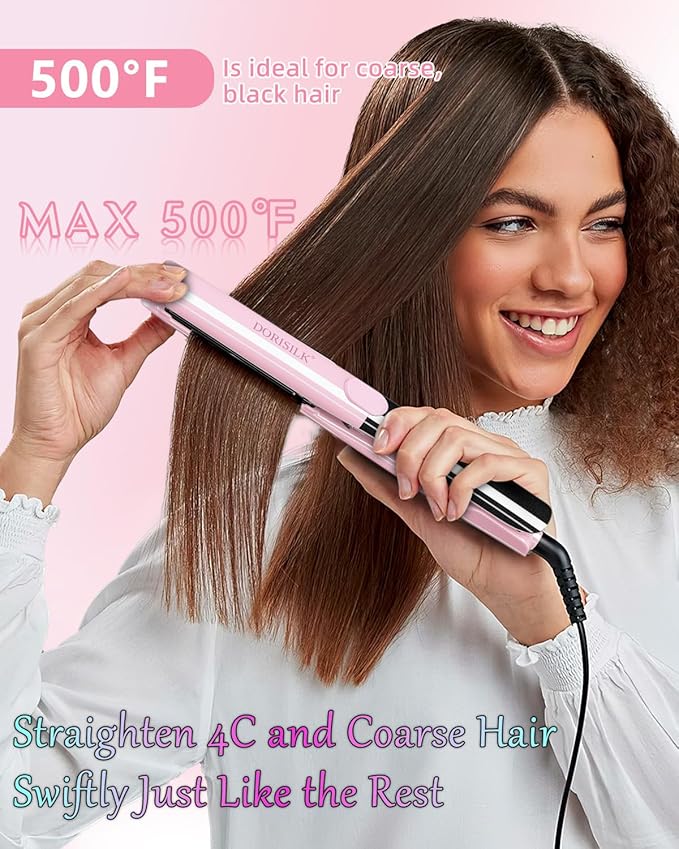 DORISILK 500 Degree High Temp Professional Hair Straightener，30s Fast Heating Ceramic Flat Iron ，2 in 1 Hair Straightener and Curler，Plasma Flat Iron Get Frizz-Free and Shiny(Pink)
