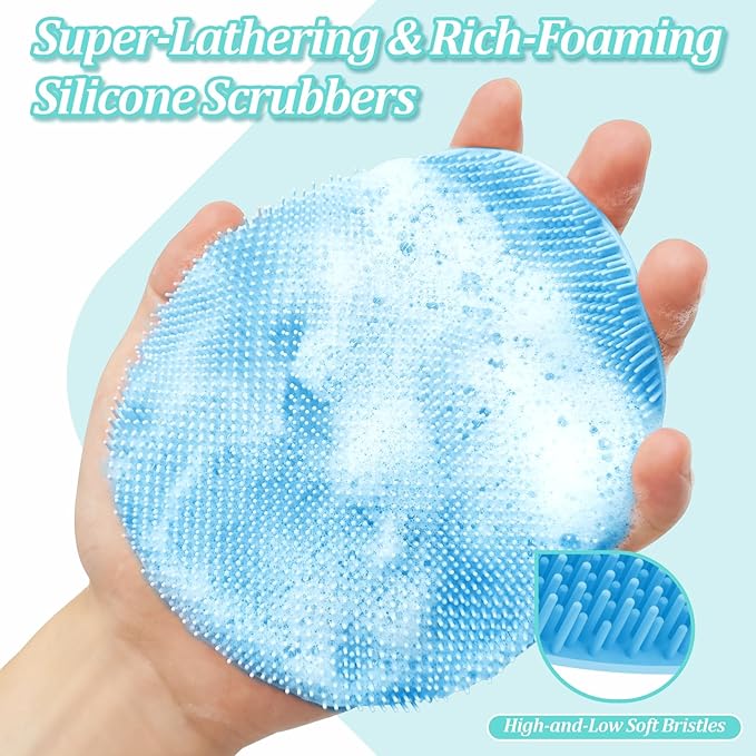 Silicone Back Scrubber & Bath Glove Set 2PCS, 13.4'' Gentle Shower Back Scrubber with Dual-Side Head Non-Slip Handle, 360° Anti-Slip Hand-fit Bath Glove for Rich Foaming Deep Cleaning(Blue)