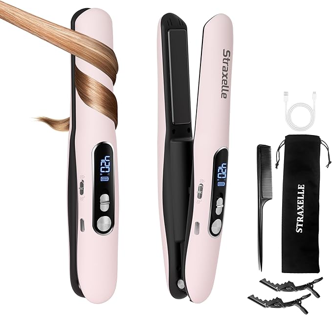 Mini Cordless Hair Straightener and Curler 2 in 1, Mini Portable Flat Iron Adjustable 350°F-420°F Travel Hair Straighteners LED Display/5000mAh Ceramic Flat Iron Hair Straightener for Women Men(Pink)