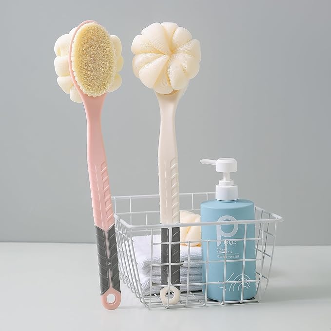 Shower Body Brush with Bristles and Large Pumpkin Loofah,Back Scrubber Bath Mesh Sponge with Anti-Slip Curved Long Handle for Skin Exfoliating,Massage Bristles for Wet or Dry,Men Women (Pink)